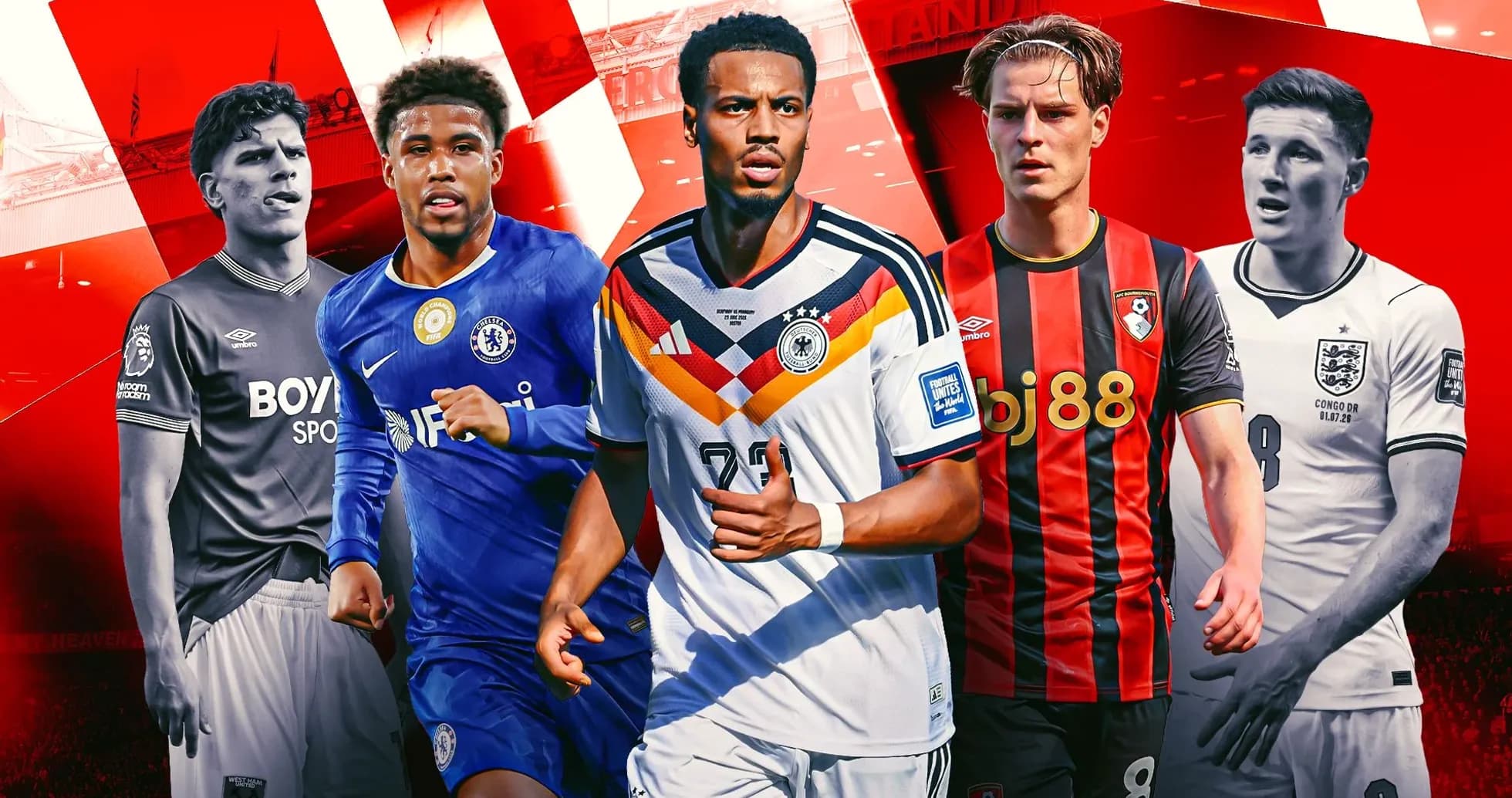 Cinco jugadores de fútbol en diferentes camisetas de clubes