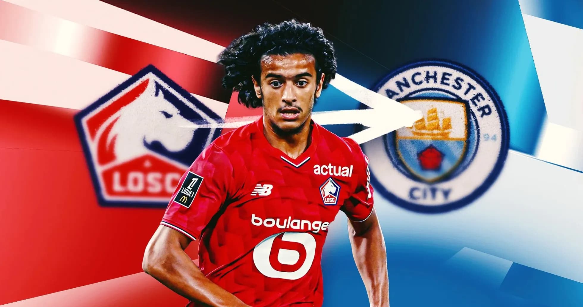 Jugador de LOSC con logos de Manchester City de fondo
