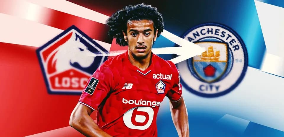 Jugador de LOSC con logos de Manchester City de fondo