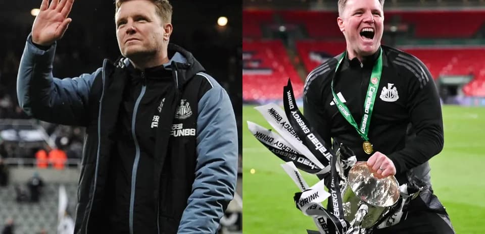 Entrenador de Newcastle saludando y celebrando con trofeo