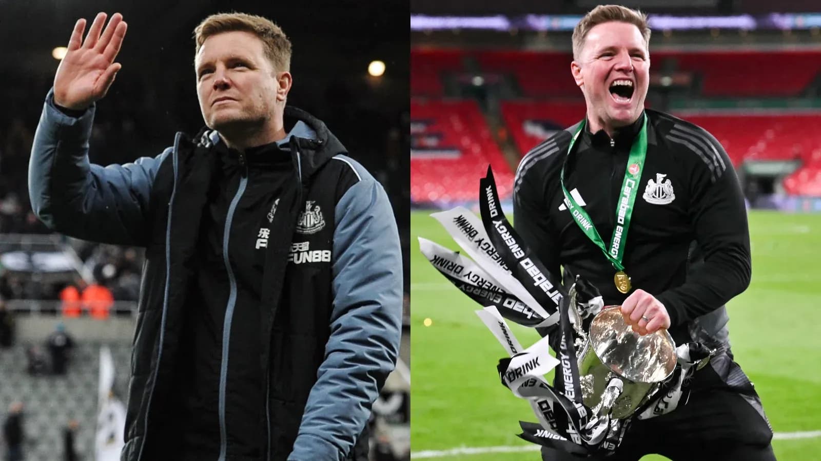Entrenador de Newcastle saludando y celebrando con trofeo