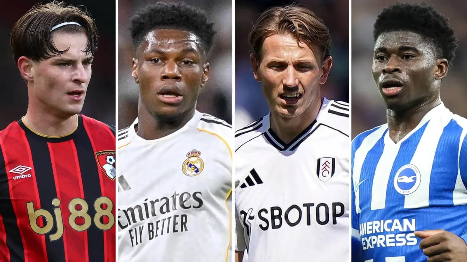 Cuatro jugadores de fútbol en diferentes camisetas de clubes