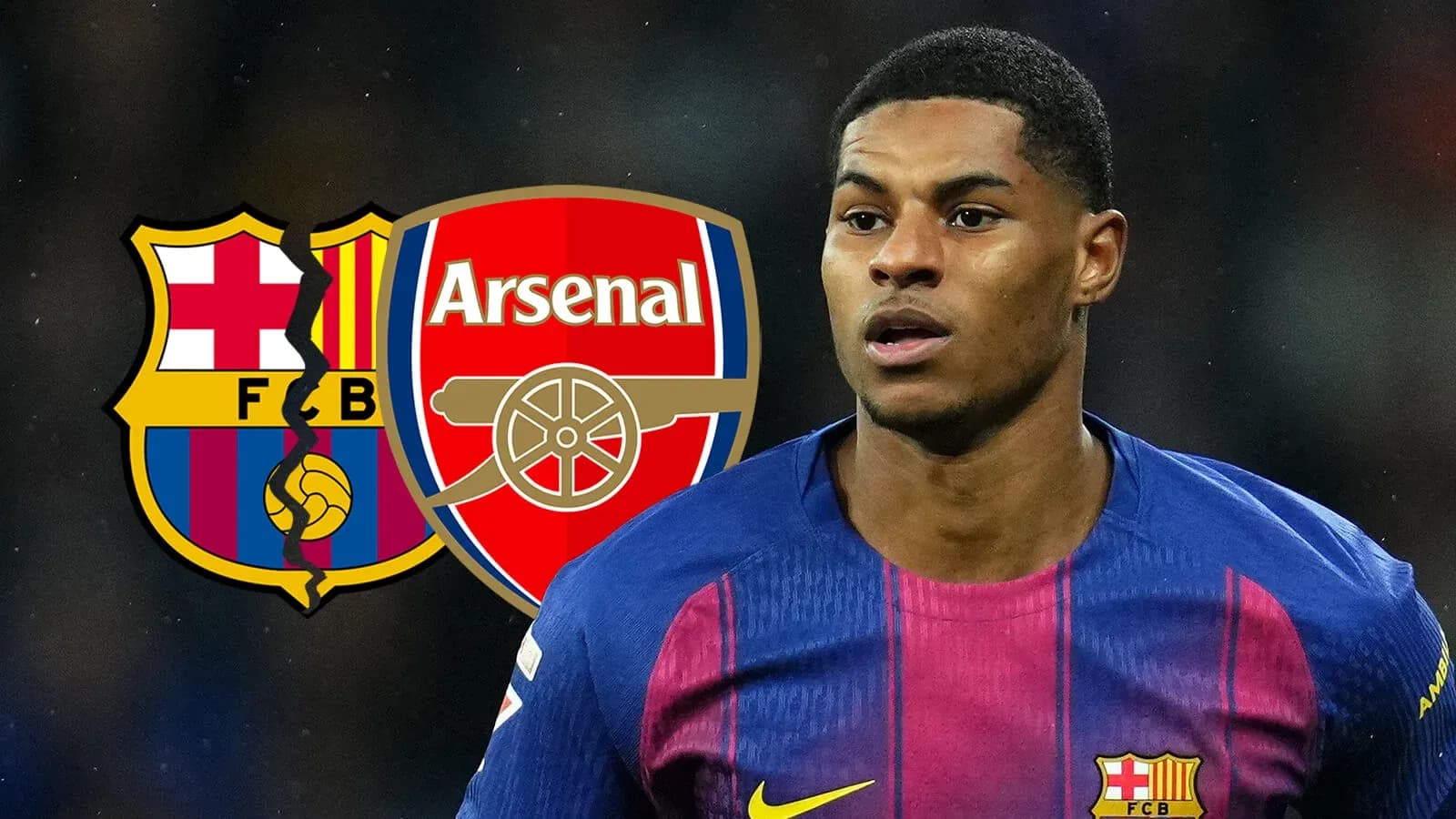 Jugador de Barcelona con logos de Arsenal y Barça