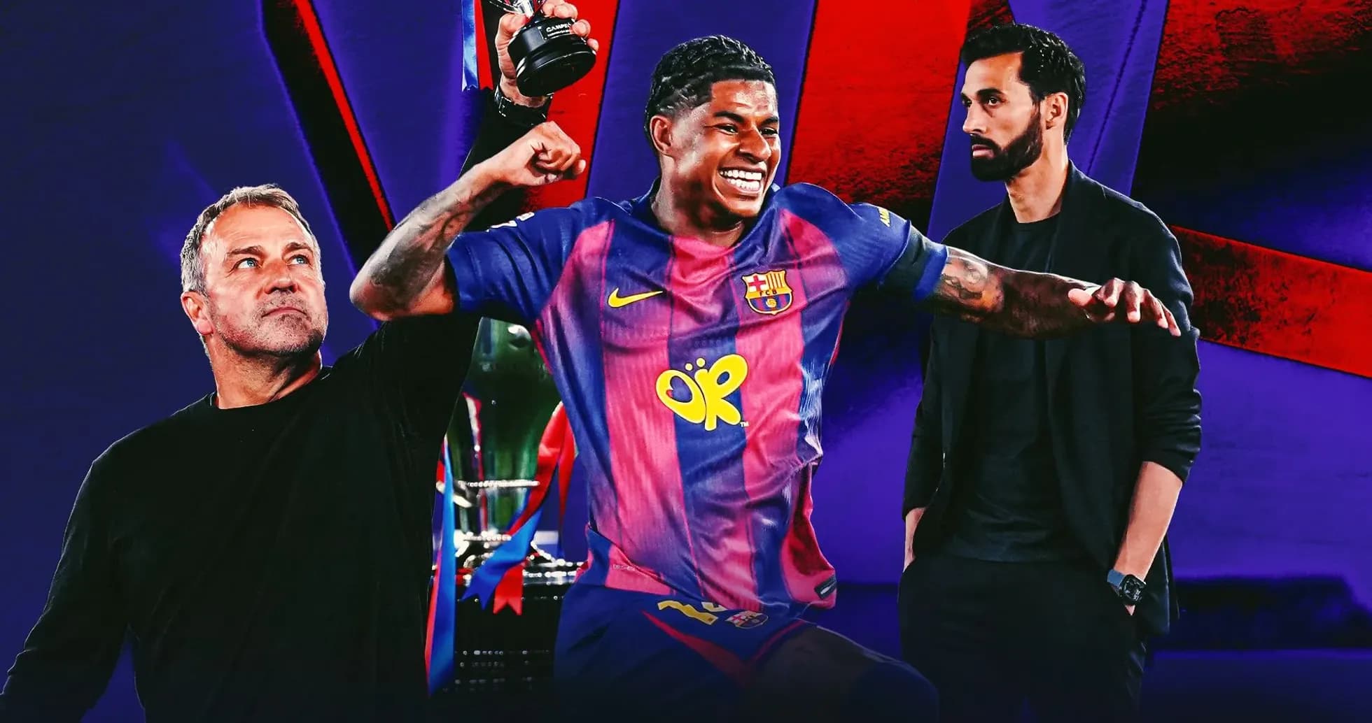 Jugador de Barcelona celebrando con trofeo, entrenadores observando