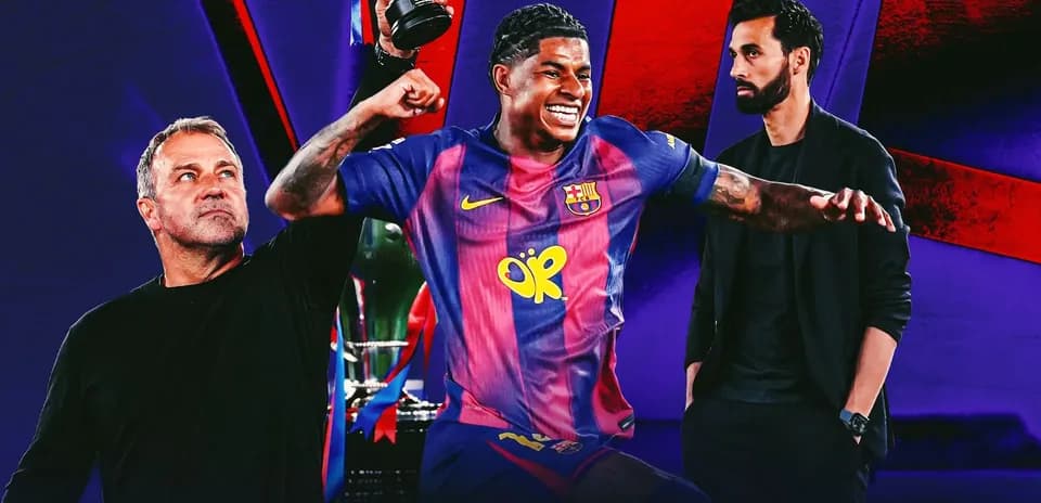 Jugador de Barcelona celebrando con trofeo, entrenadores observando