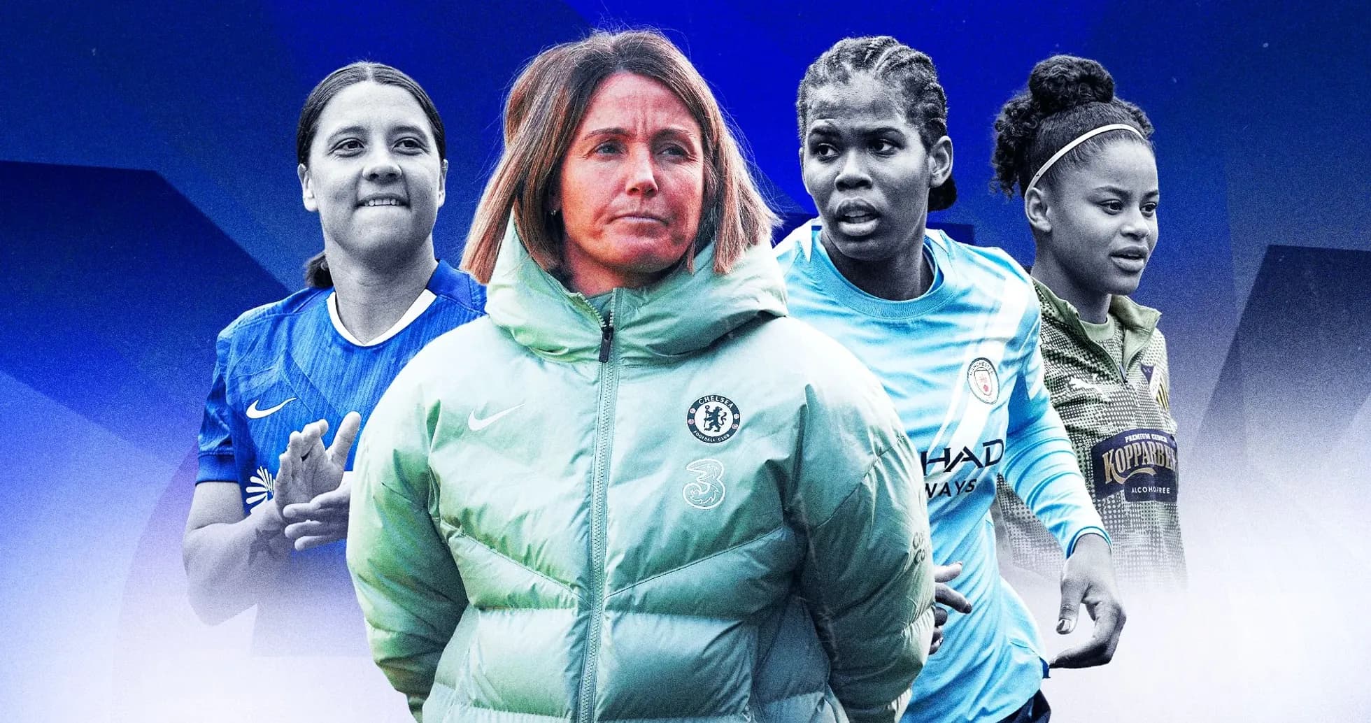 Jugadoras y entrenadora de fútbol en un fondo azul