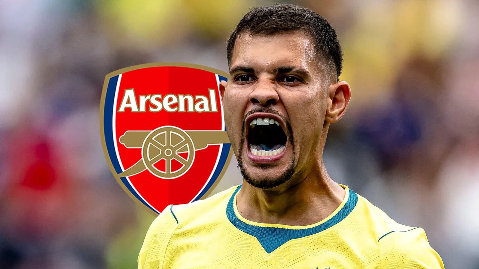 Jugador de fútbol gritando con logo de Arsenal