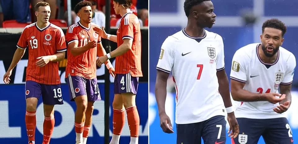 Jugadores de Colombia y Inglaterra en el campo