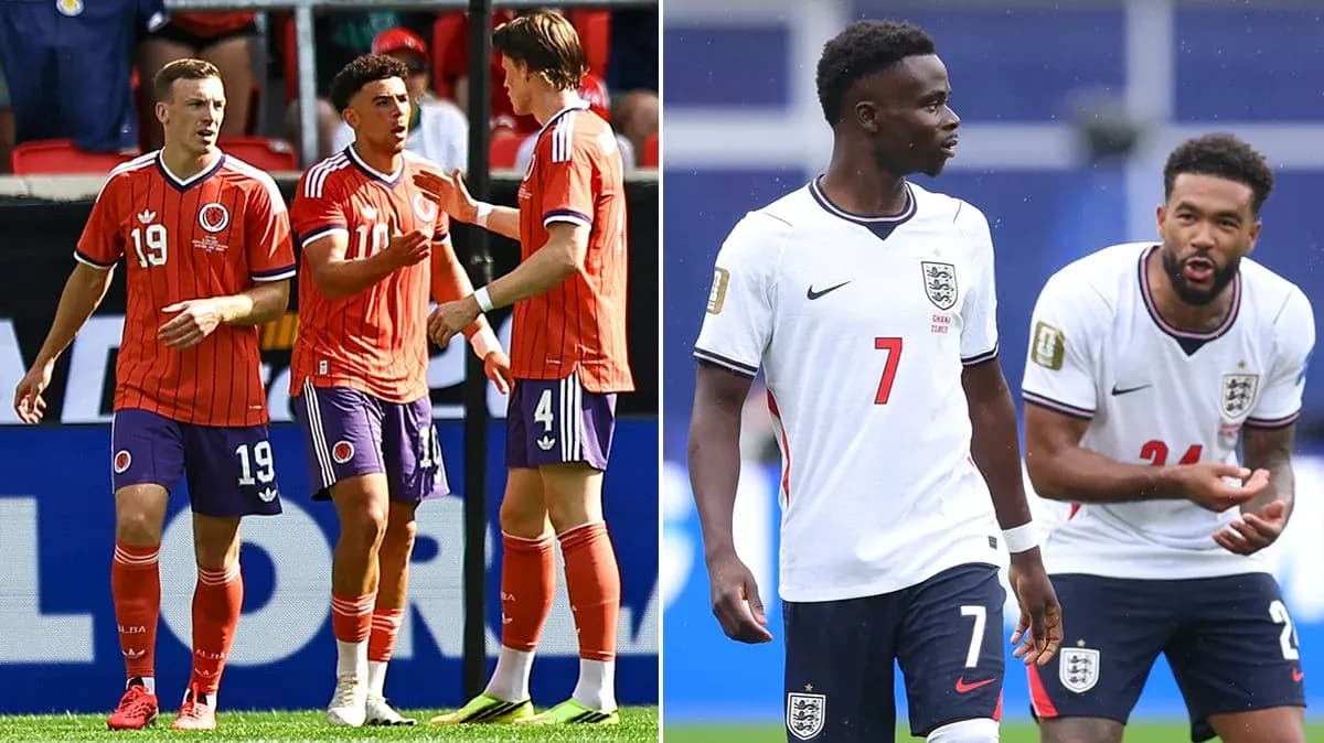 Jugadores de Colombia y Inglaterra en el campo