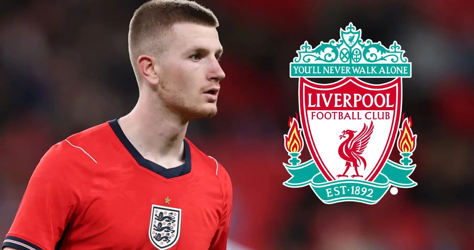 Jugador con camiseta de Inglaterra y escudo de Liverpool