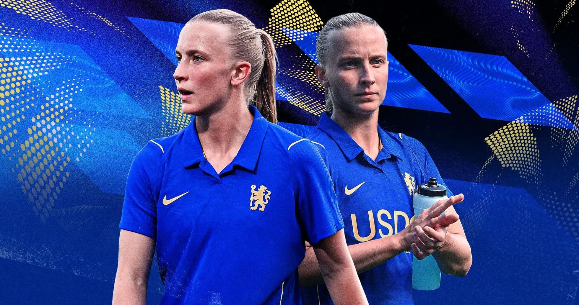 Jugadora de fútbol con uniforme azul en fondo gráfico