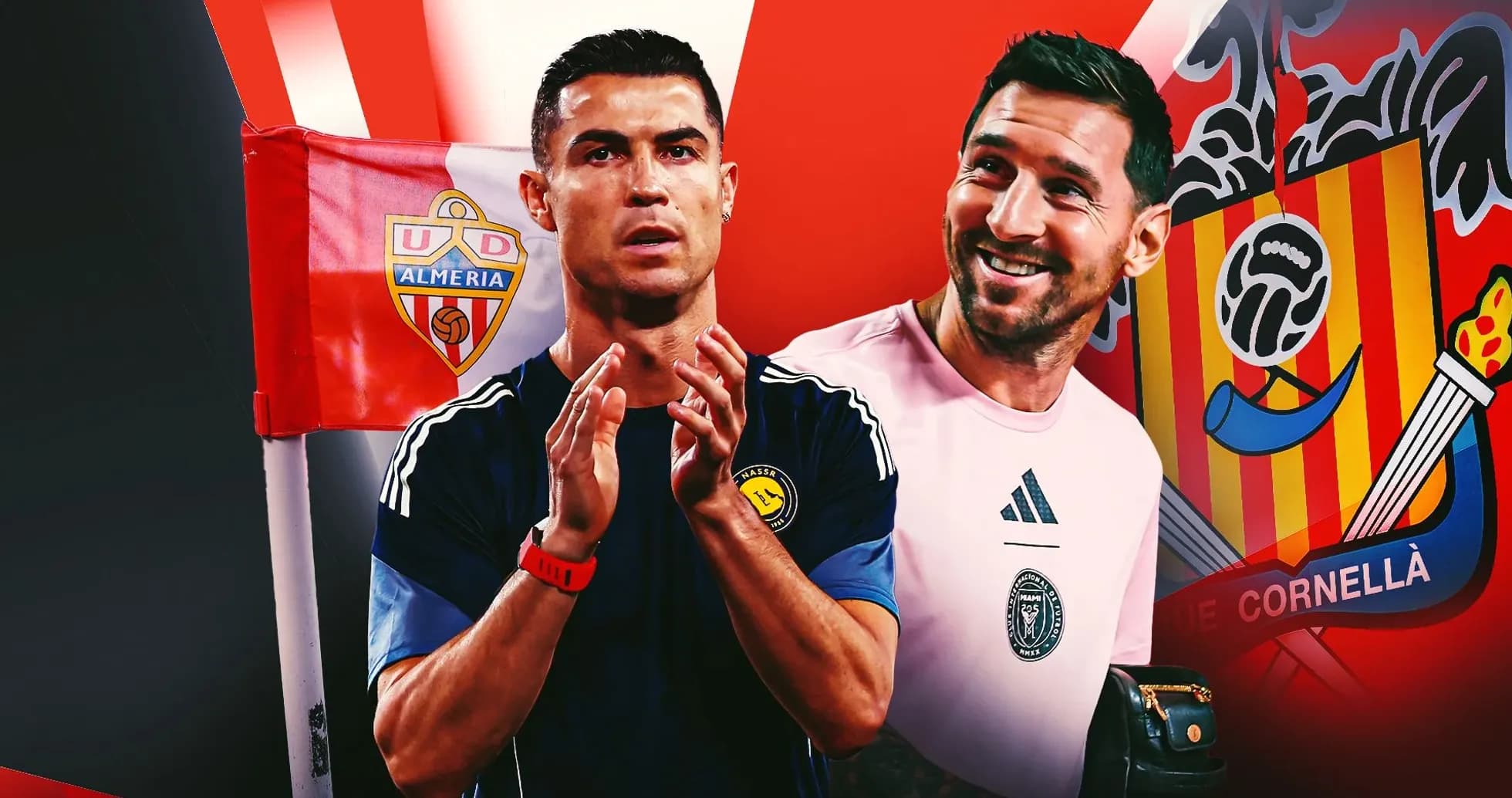 Cristiano Ronaldo y portero sonriente junto a banderas