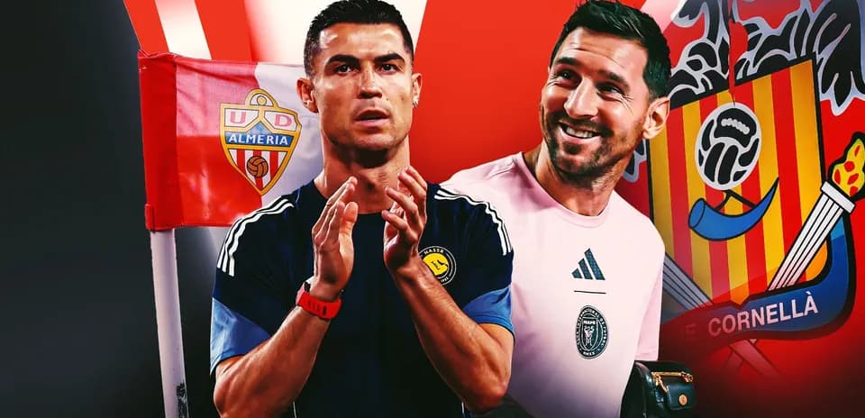 Cristiano Ronaldo y portero sonriente junto a banderas