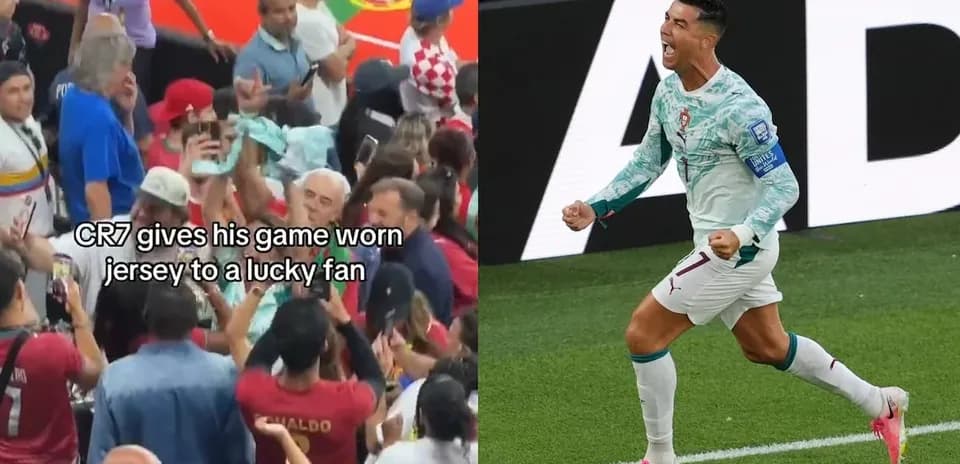 Cristiano Ronaldo celebrando y entregando camiseta a fan