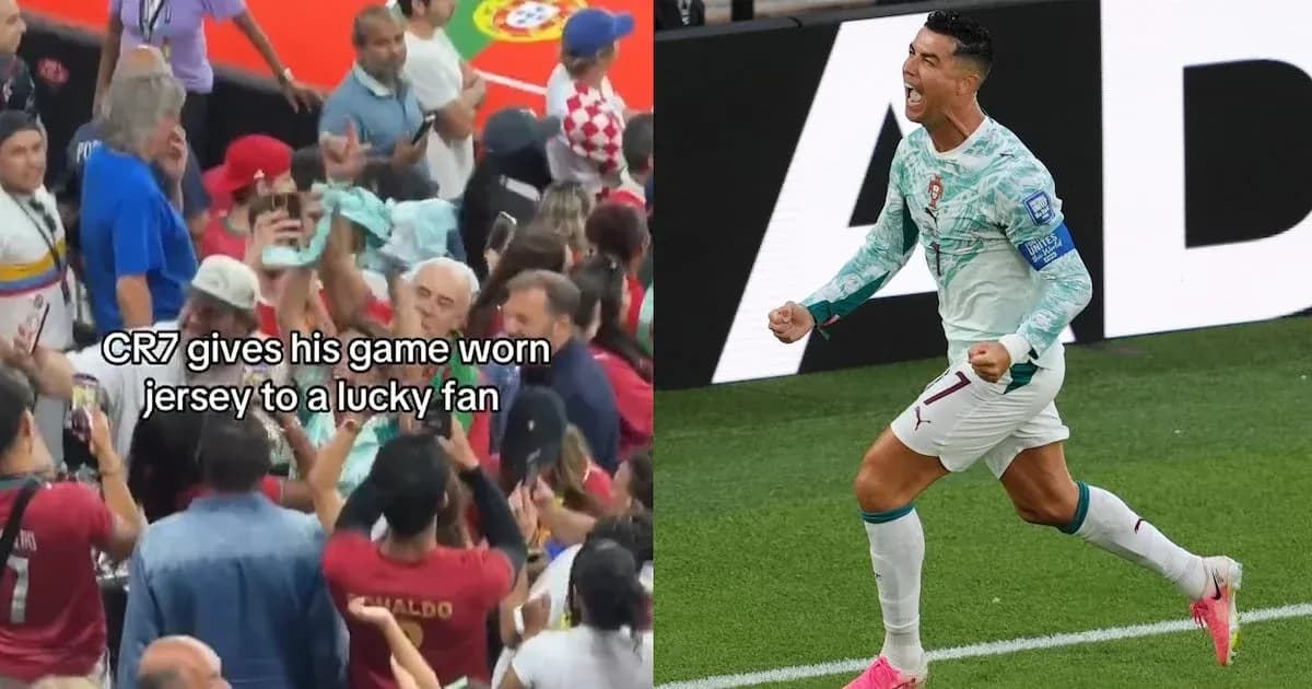Cristiano Ronaldo celebrando y entregando camiseta a fan
