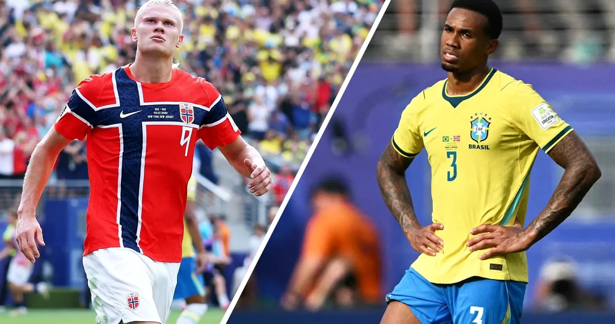 Erling Haaland y jugador de Brasil en partido