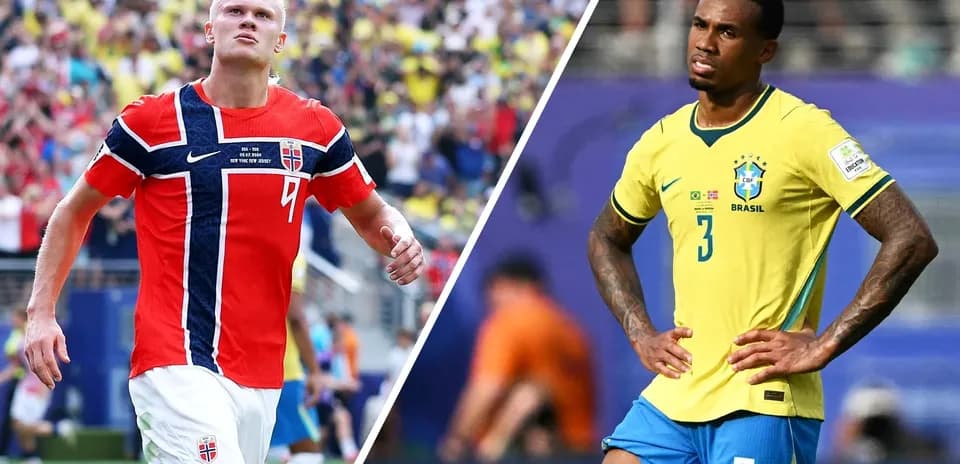 Erling Haaland y jugador de Brasil en partido