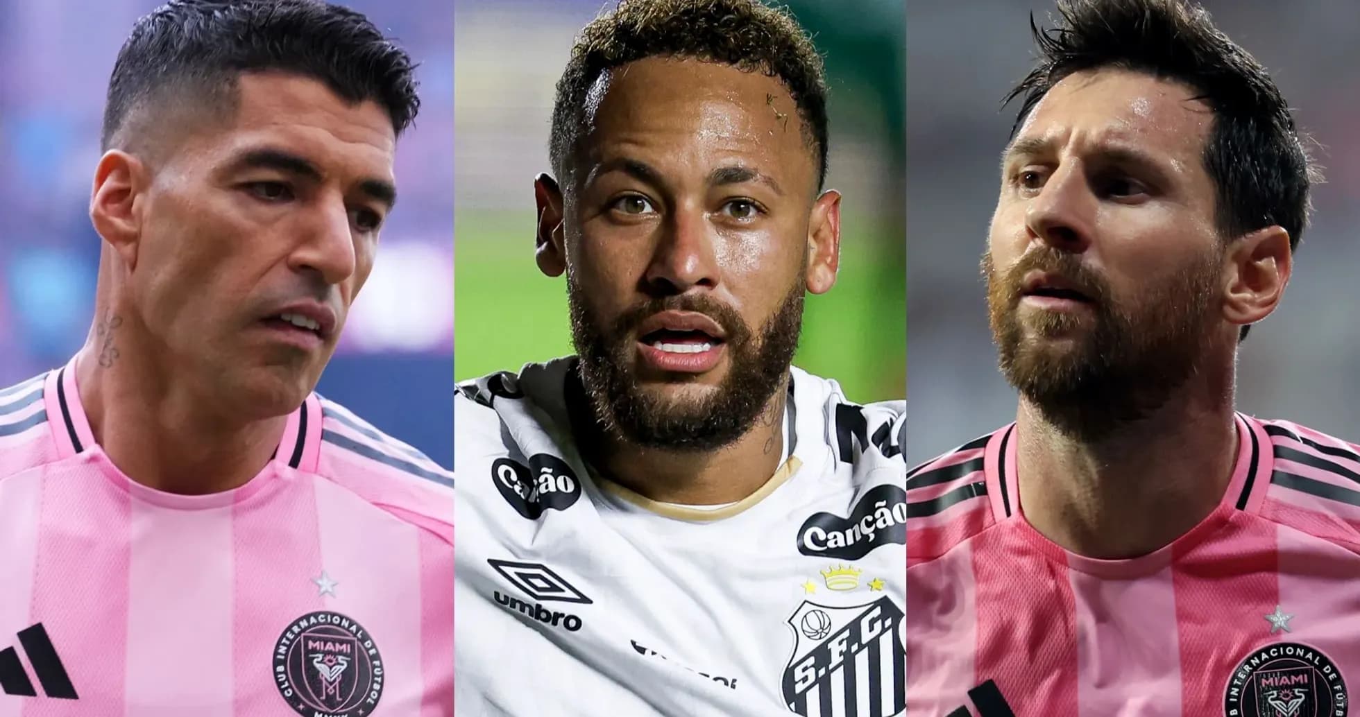 Luis Suárez, Neymar y Lionel Messi en camisetas de fútbol