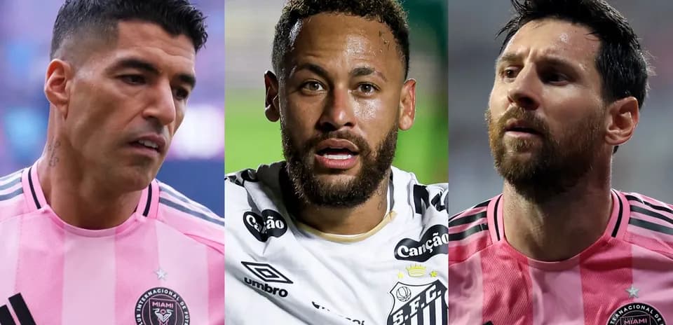 Luis Suárez, Neymar y Lionel Messi en camisetas de fútbol