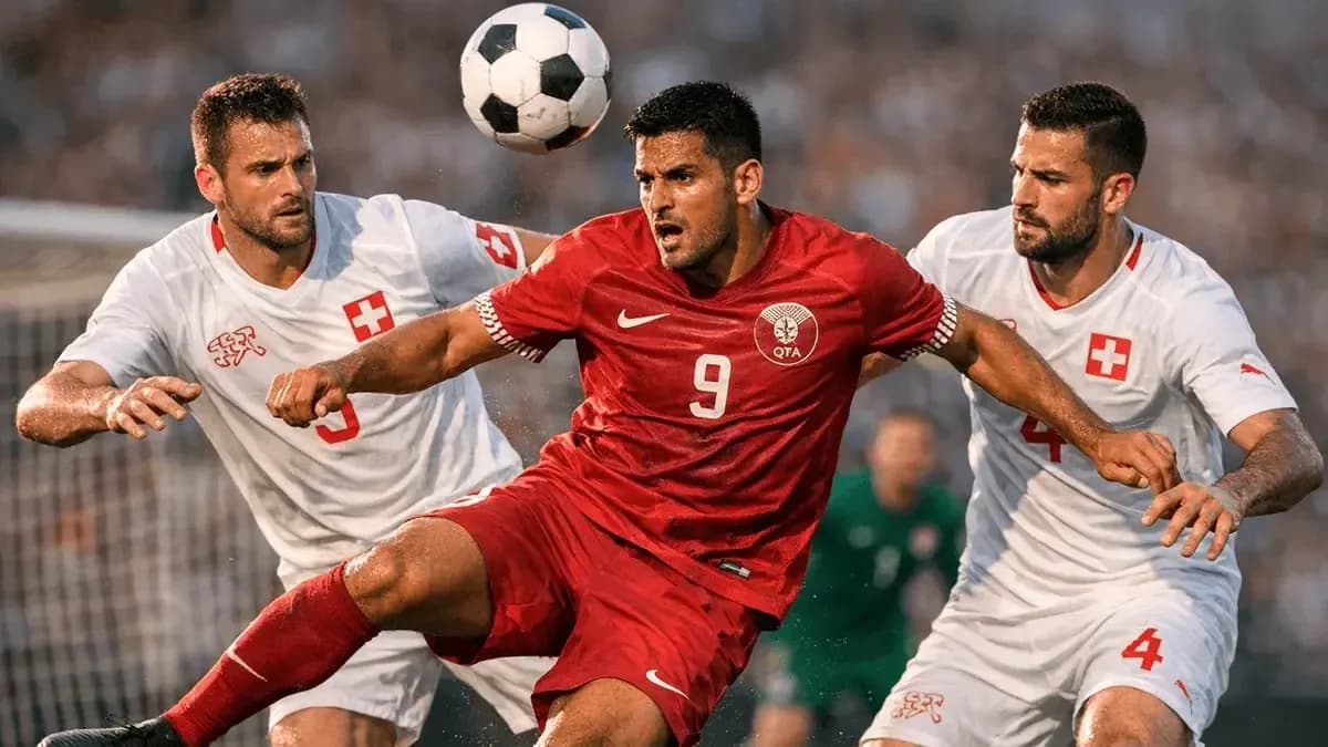 Jugadores de Qatar y Suiza compiten por el balón