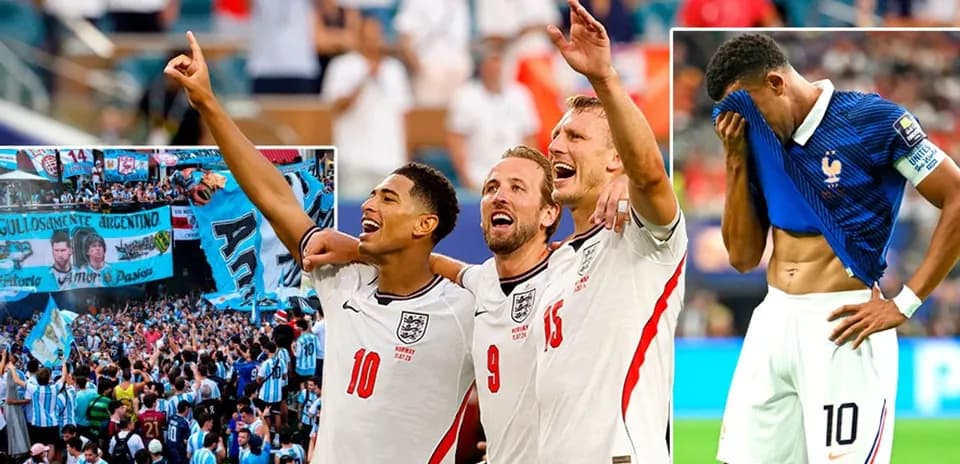 Jugadores de Inglaterra celebrando, afición argentina y jugador de Francia desalentado
