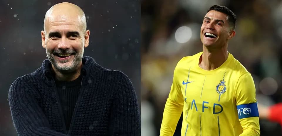 Pep Guardiola y Cristiano Ronaldo sonrientes en el campo