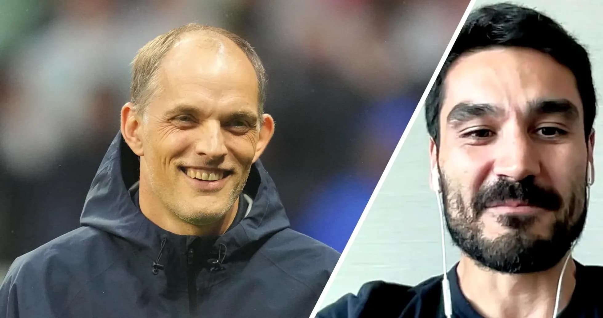 Thomas Tuchel y Ilkay Gündogan sonriendo en video llamada