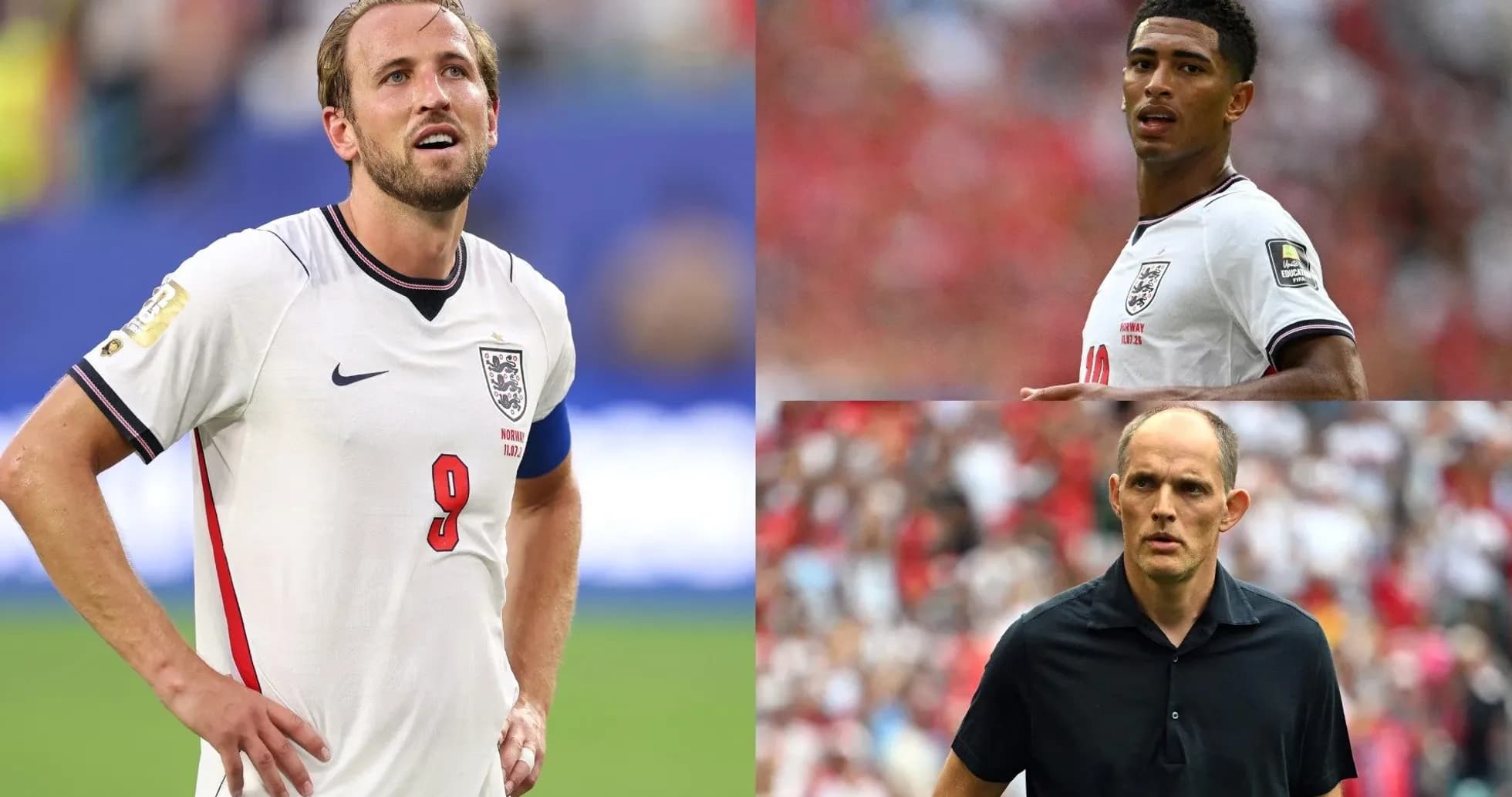 Tres jugadores de Inglaterra en un partido de fútbol