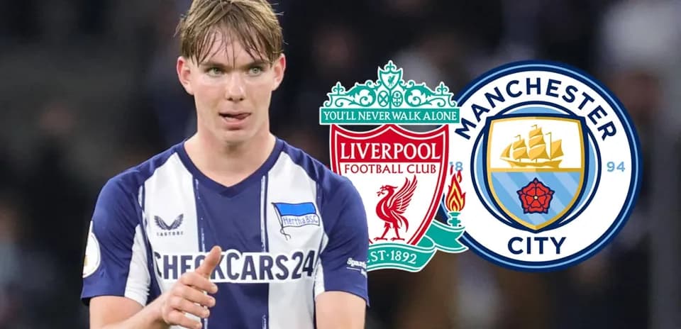 Jugador de Hertha BSC con logos de Liverpool y Manchester City