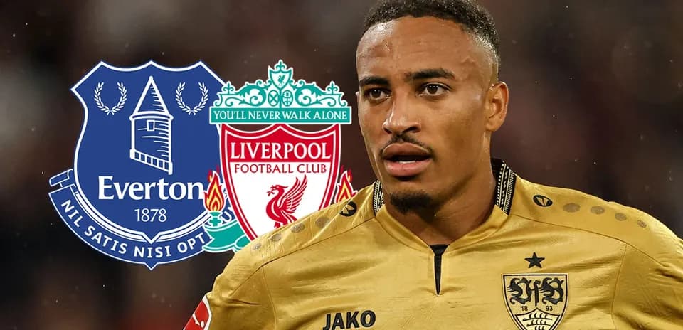 Jugador en uniforme con logos de Everton y Liverpool