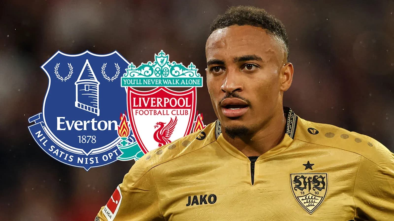 Jugador en uniforme con logos de Everton y Liverpool