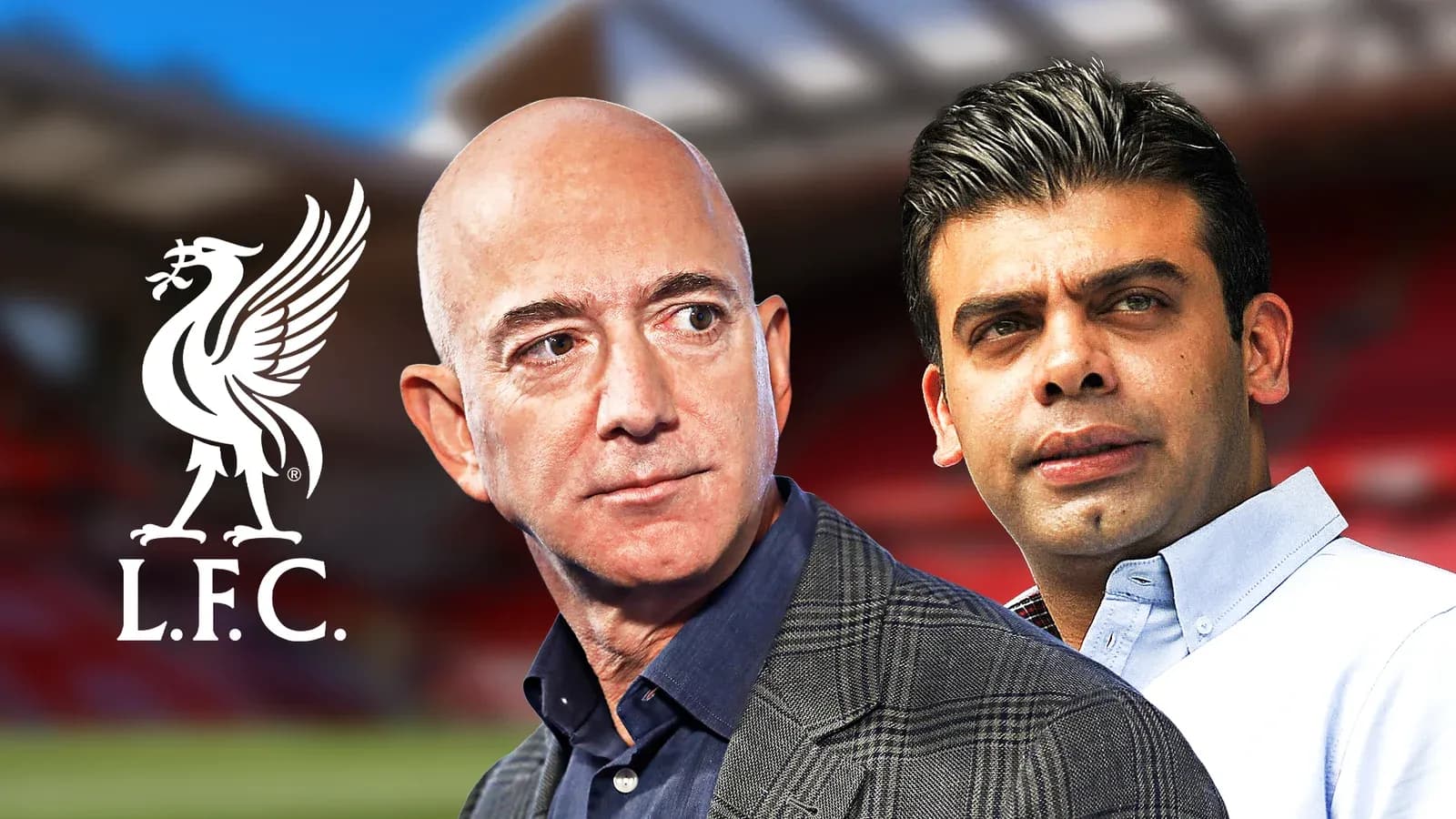 Jeff Bezos y otro empresario con logo de Liverpool