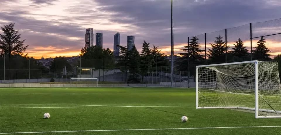 Campo de fútbol con dos balones y edificios de fondo