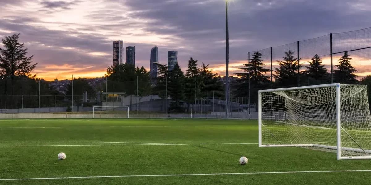 Campo de fútbol con dos balones y edificios de fondo