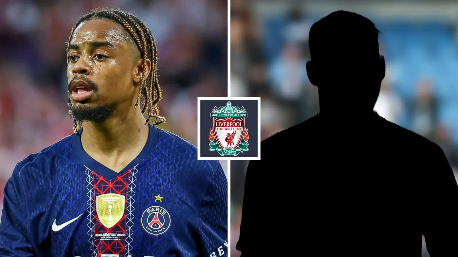 Jugador de PSG con logo de Liverpool en fondo Jugador de PSG con logo de Liverpool en fondo