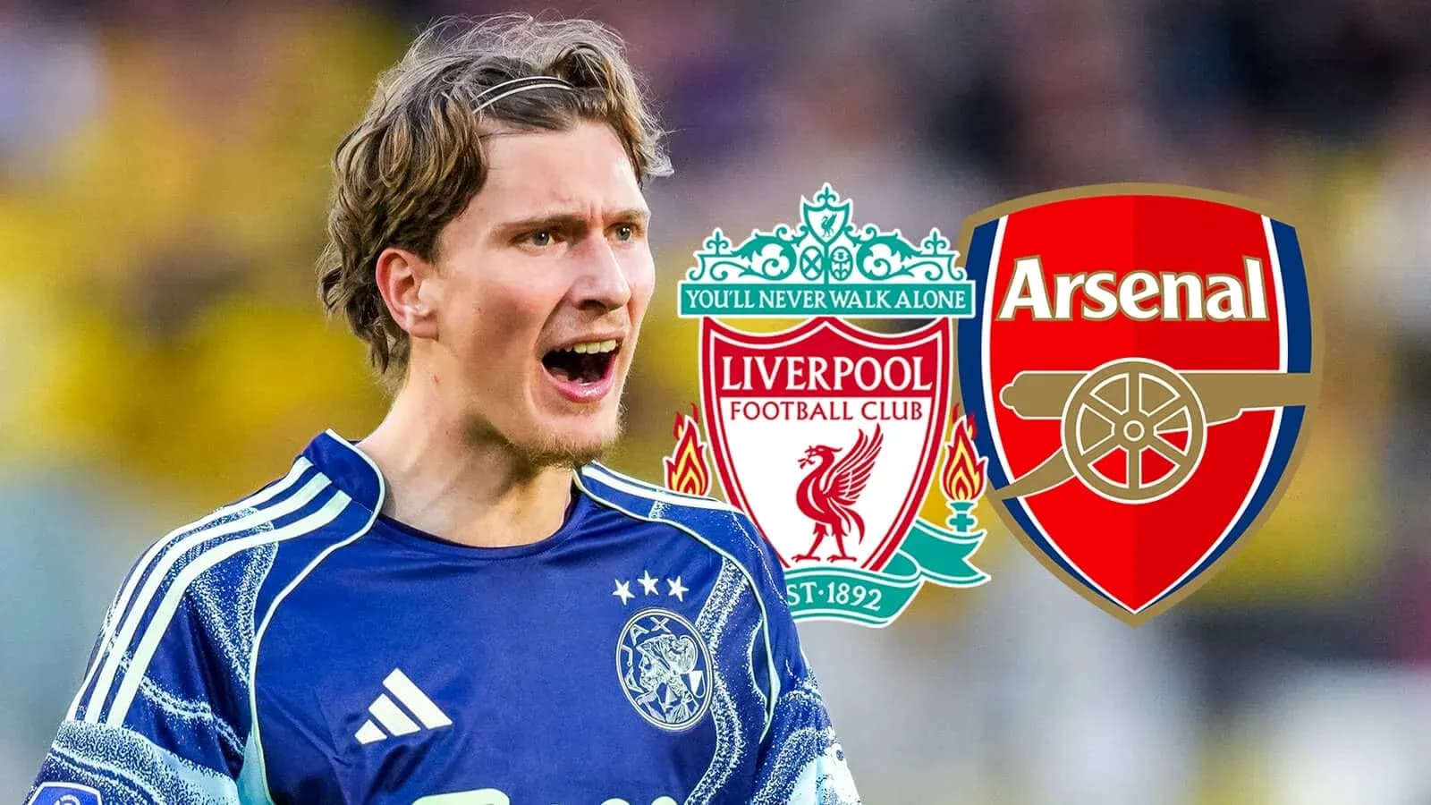 Portero celebrando con logotipos de Liverpool y Arsenal Portero celebrando con logotipos de Liverpool y Arsenal
