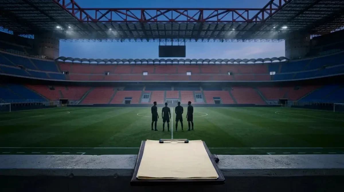 Árbitros conversando en el campo del estadio vacío Árbitros conversando en el campo del estadio vacío