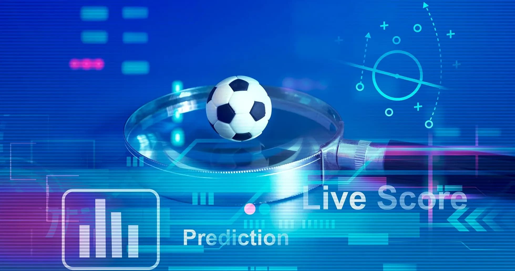 Balón de fútbol sobre una lupa con gráficos digitales Balón de fútbol sobre una lupa con gráficos digitales