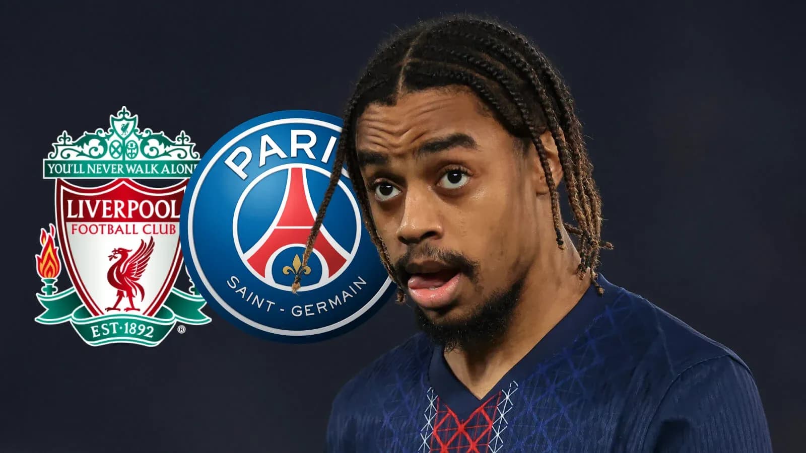 Jugador de fútbol con logos de Liverpool y PSG Jugador de fútbol con logos de Liverpool y PSG