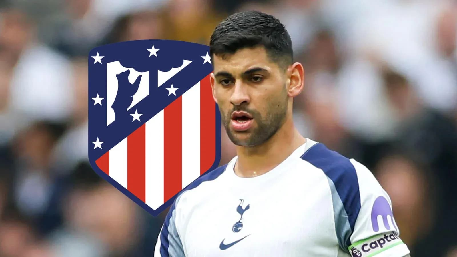 Jugador de Tottenham con escudo de Atlético de fondo Jugador de Tottenham con escudo de Atlético de fondo