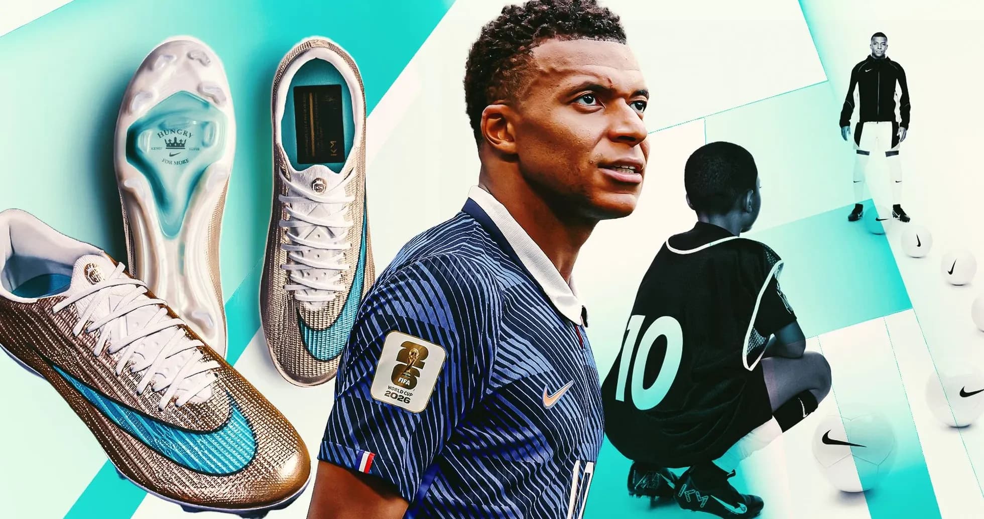Kylian Mbappé con botas de fútbol y niño entrenando Kylian Mbappé con botas de fútbol y niño entrenando