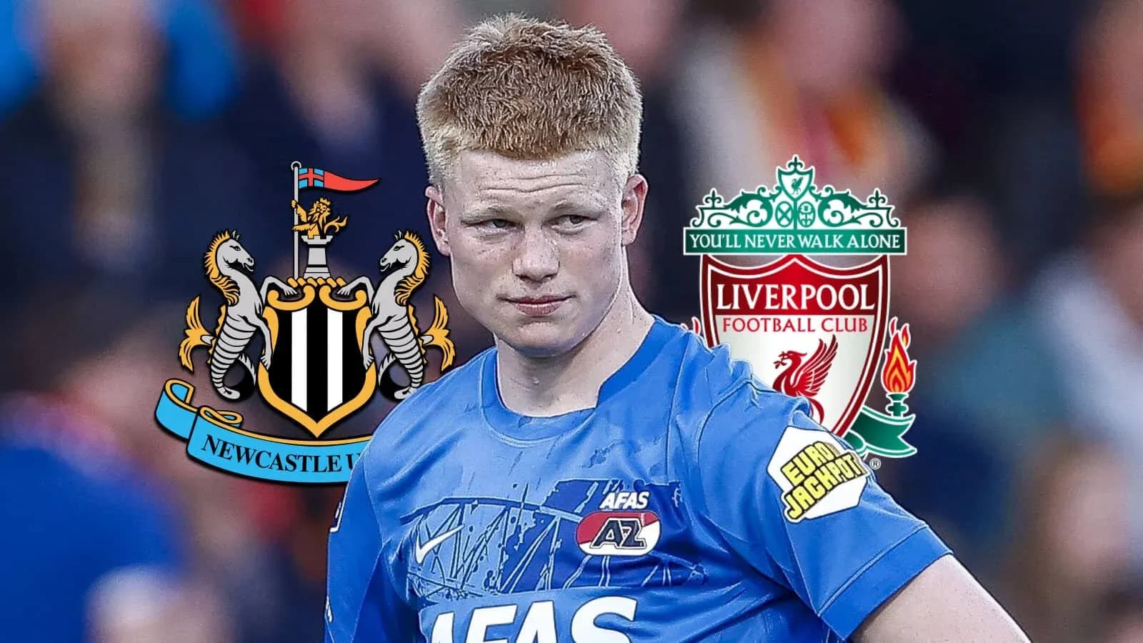 Jugador con camiseta de AZ, logos de Newcastle y Liverpool Jugador con camiseta de AZ, logos de Newcastle y Liverpool