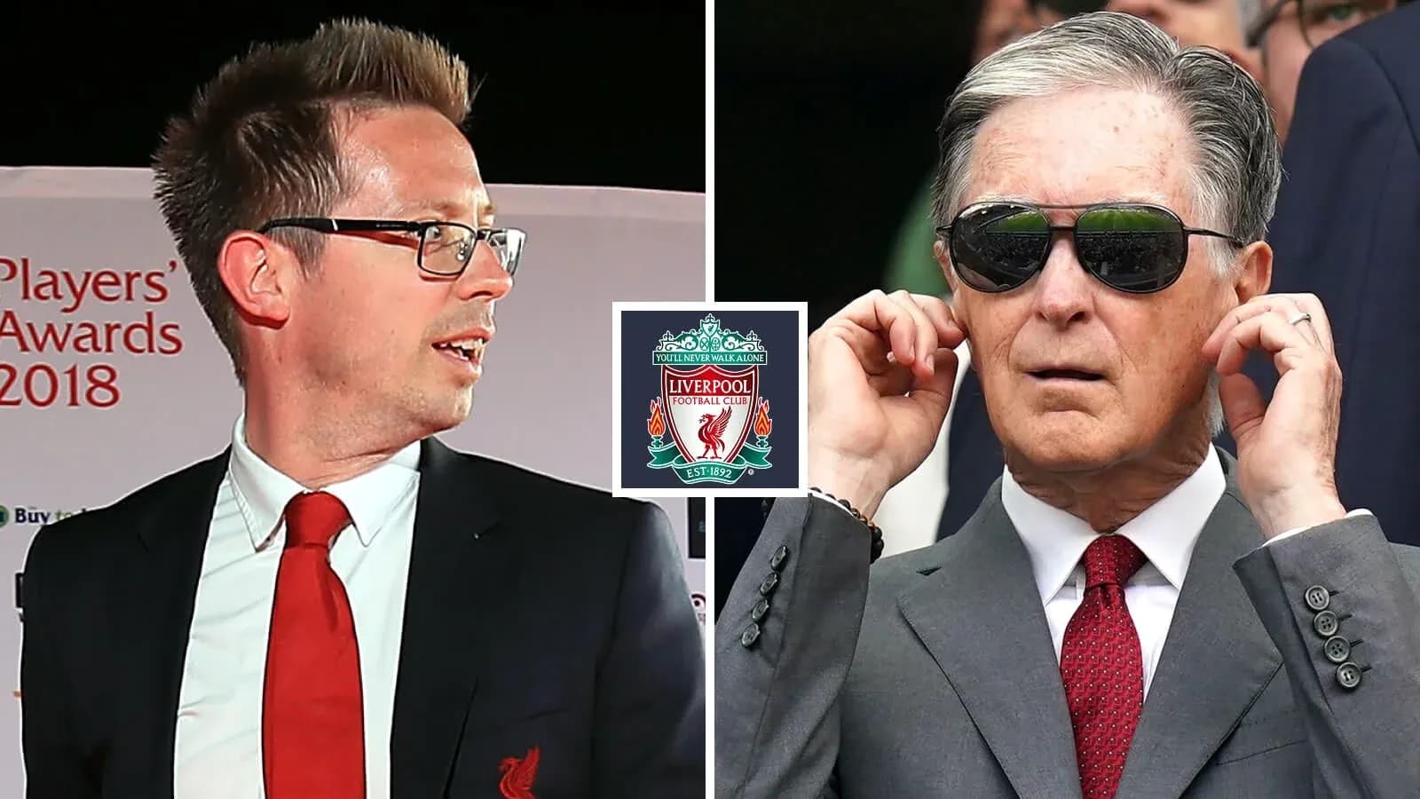 Dos hombres en evento de Liverpool con logo del club Dos hombres en evento de Liverpool con logo del club