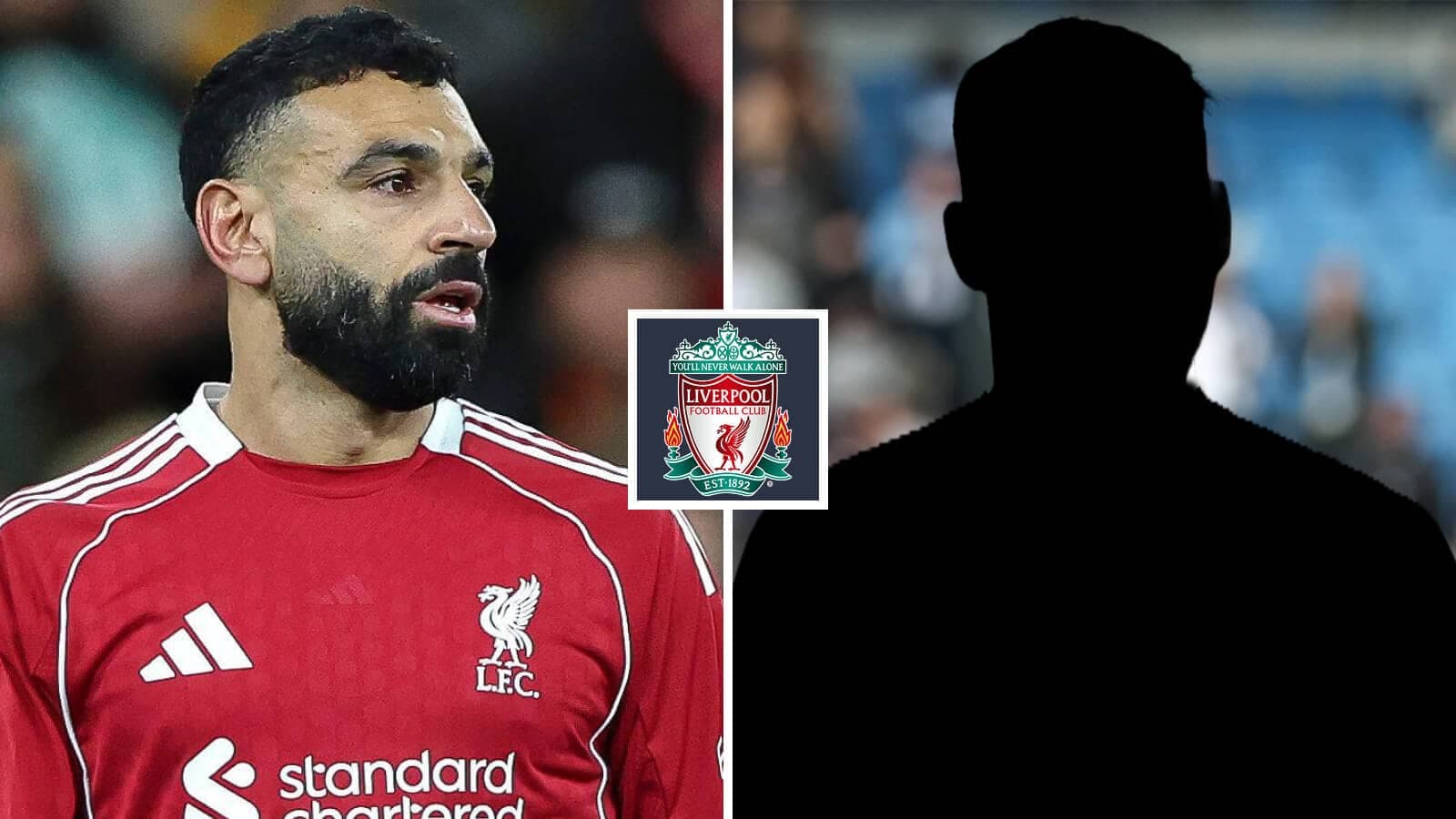 Mohamed Salah en uniforme de Liverpool, silueta a la derecha Mohamed Salah en uniforme de Liverpool, silueta a la derecha