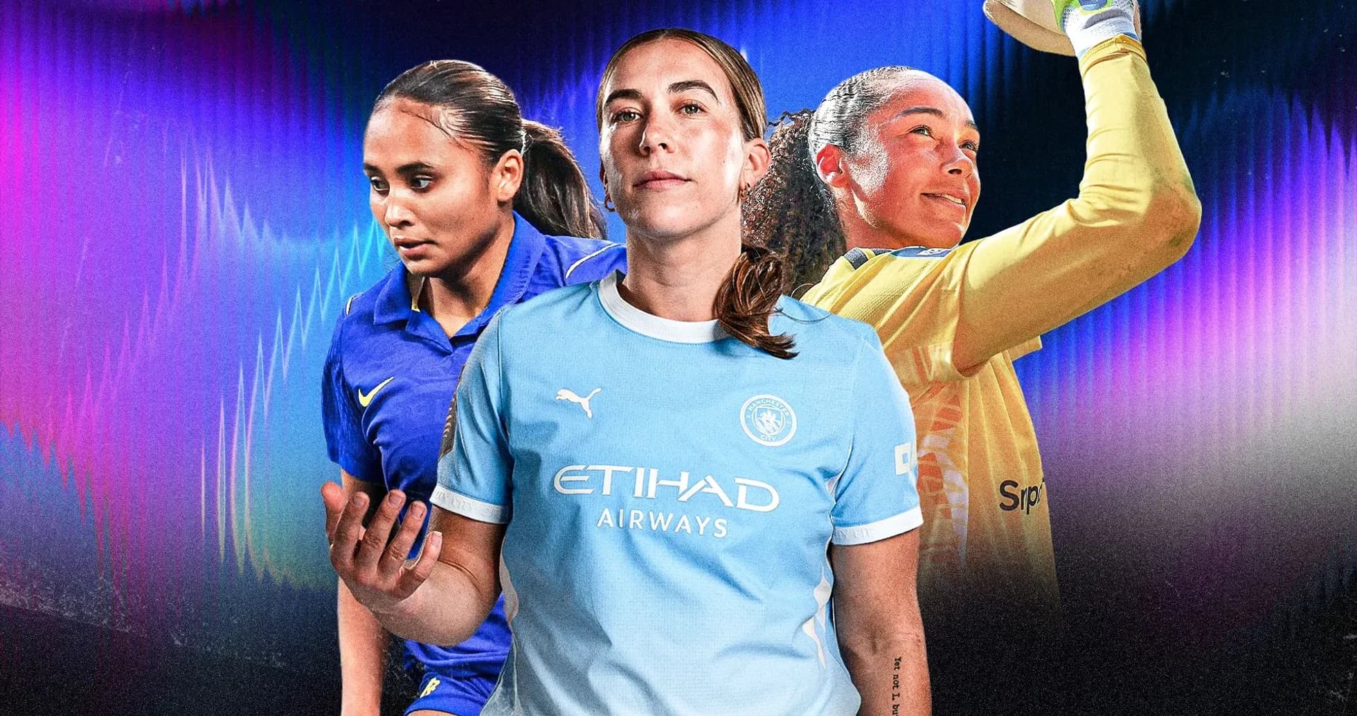 Jugadora de fútbol en uniforme de Manchester City Jugadora de fútbol en uniforme de Manchester City