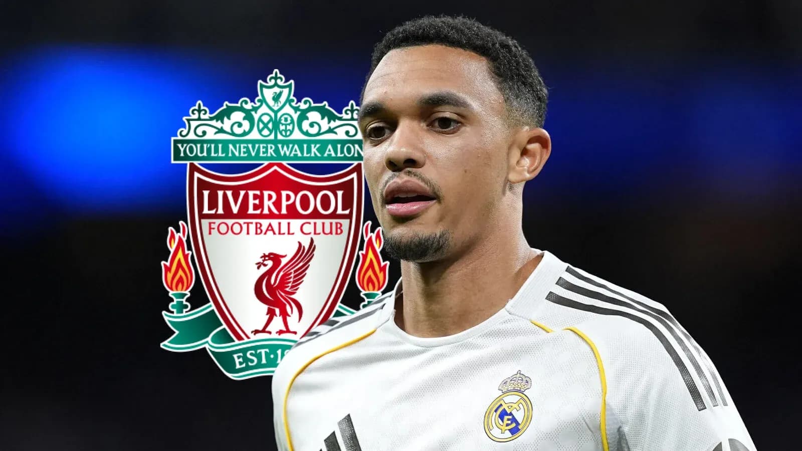 Jugador en uniforme con logotipos de Liverpool y Real Madrid Jugador en uniforme con logotipos de Liverpool y Real Madrid