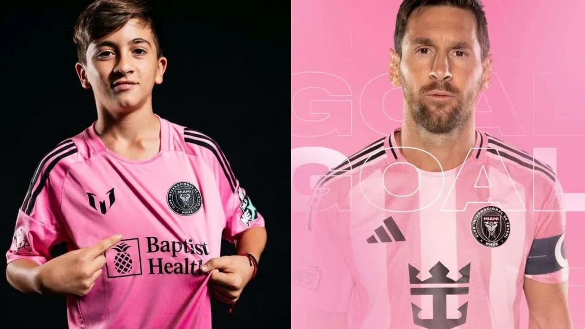 Joven y Lionel Messi en camisetas de Inter Miami Joven y Lionel Messi en camisetas de Inter Miami