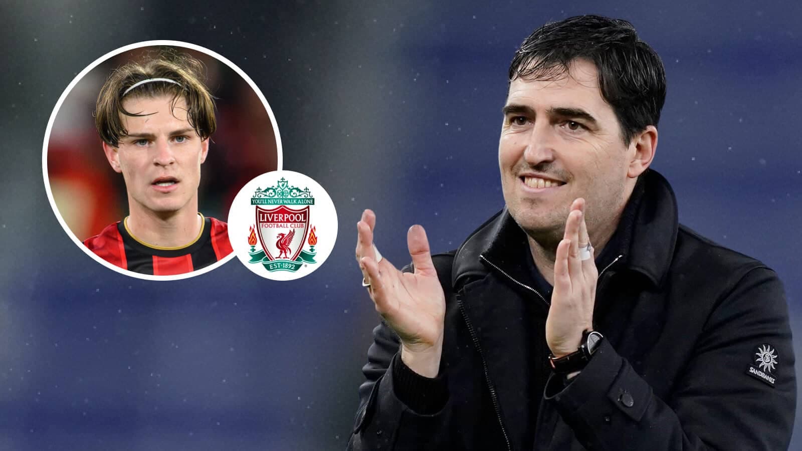 Entrenador aplaudiendo con jugador de fondo y escudo de Liverpool Entrenador aplaudiendo con jugador de fondo y escudo de Liverpool