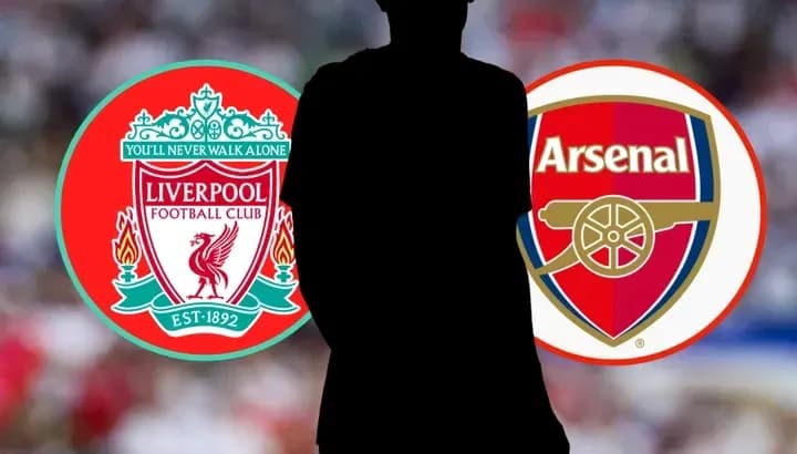 Silhouette of a player between Liverpool and Arsenal logos Silhouette of a player between Liverpool and Arsenal logos