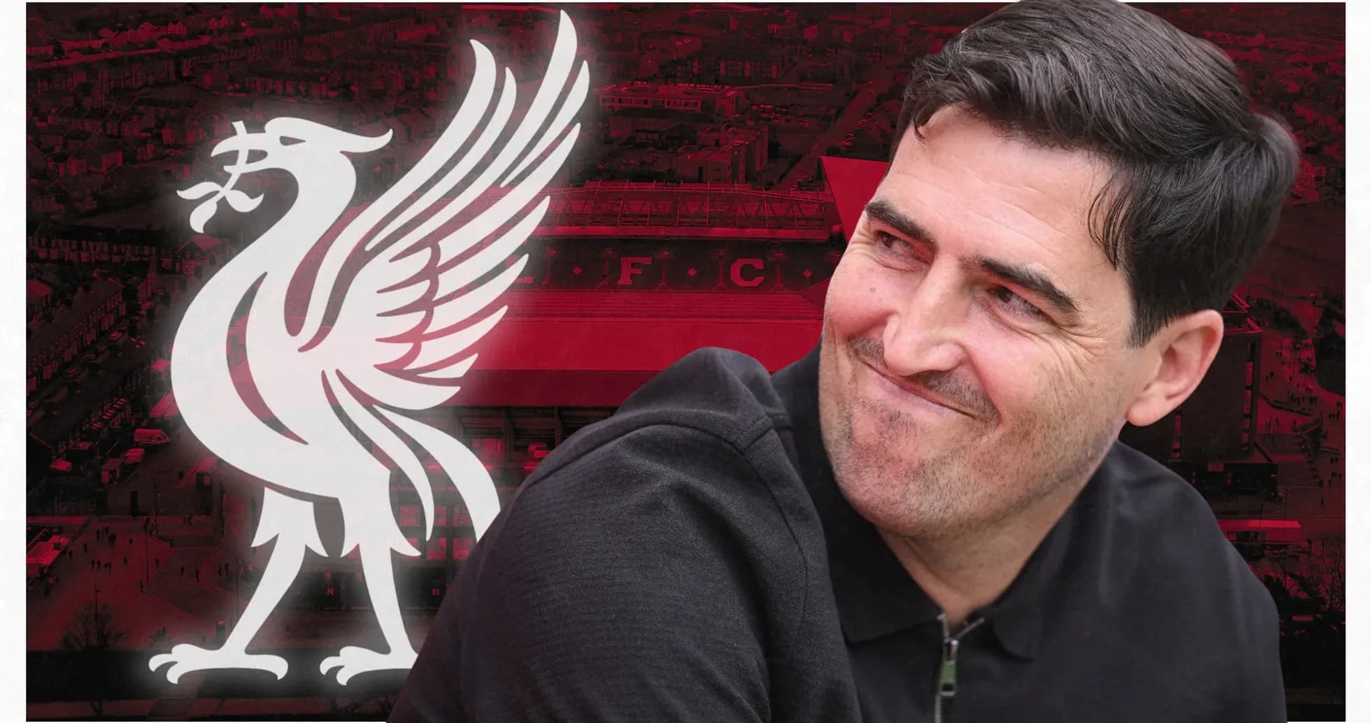 Entrenador sonriente frente al logo de Liverpool FC Entrenador sonriente frente al logo de Liverpool FC
